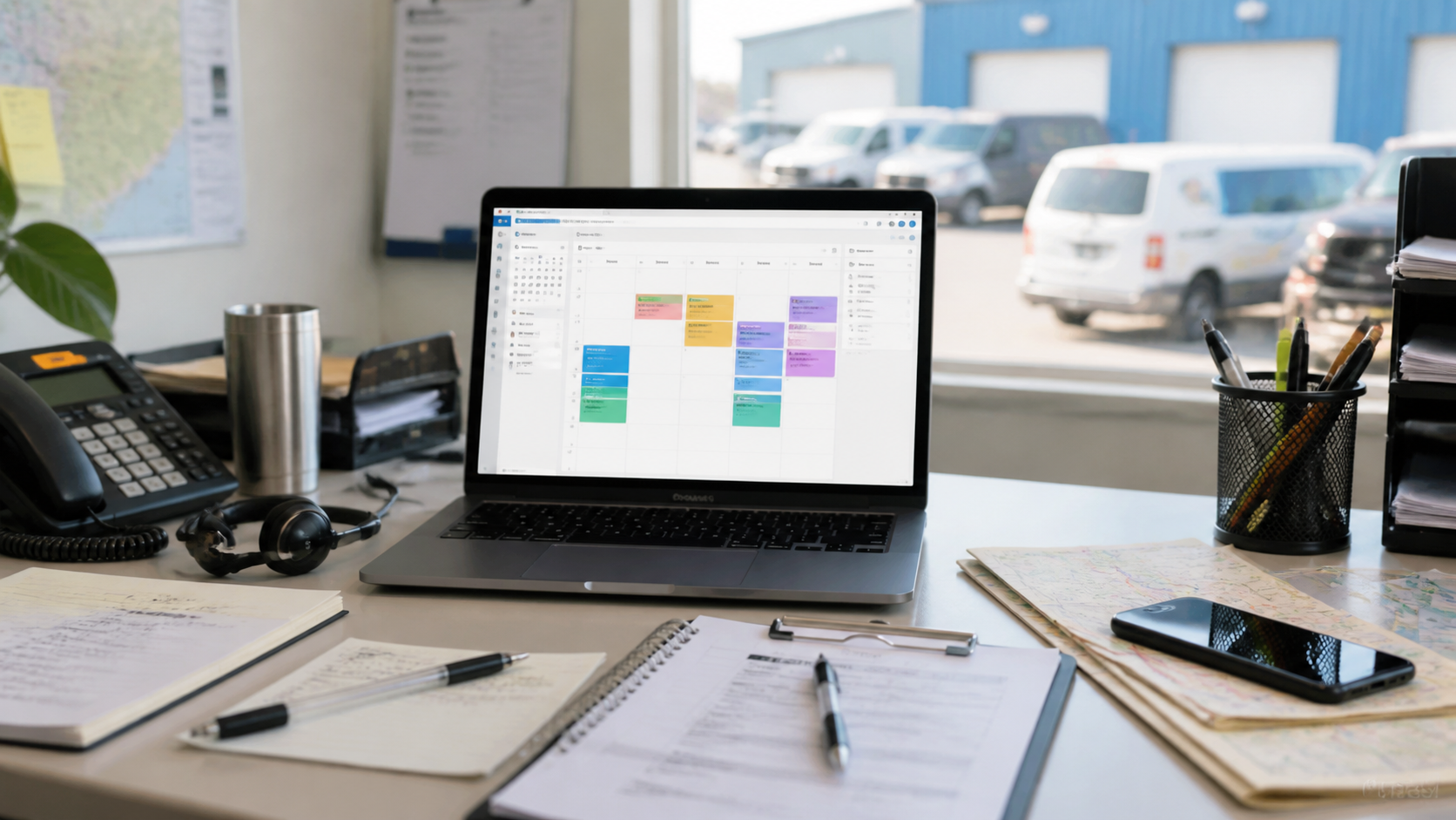 Service business intake desk with scheduling calendar, phone headset, and work order notes